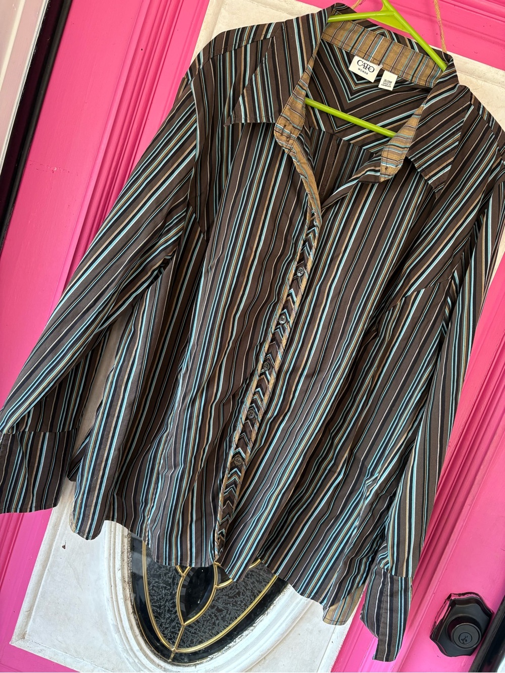 Cato Brown Button-Down Shirt with Blue and Cream Stripes